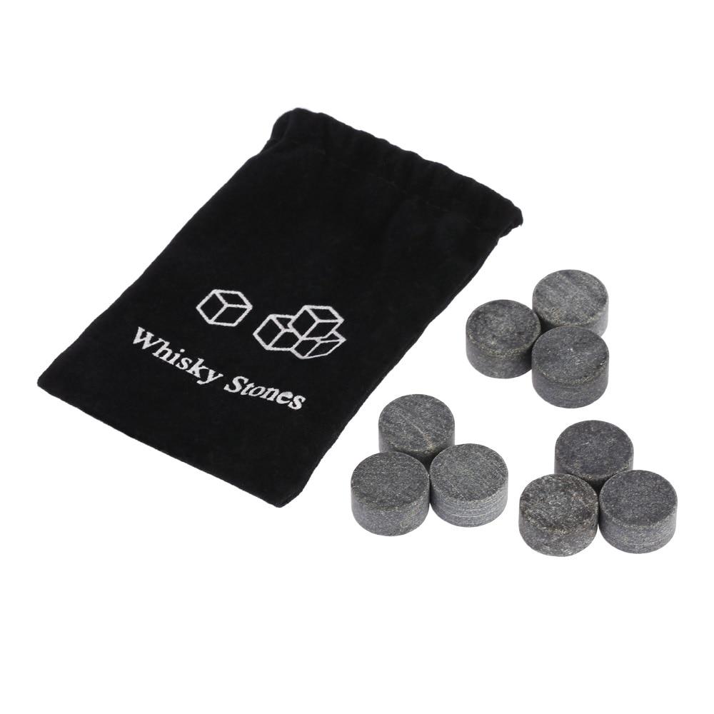 9 pierres à whisky cylindriques en granite noir avec sachet en tissu