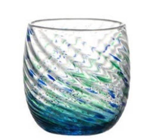 Verre à whisky Tourbillon Marin bleu clair — tonneau à côtes spiralées et mouchetures bleu-vert