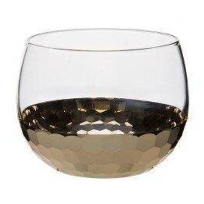 Verre à whisky à fond métallisé martelé doré, bol arrondi mi-transparent mi-doré