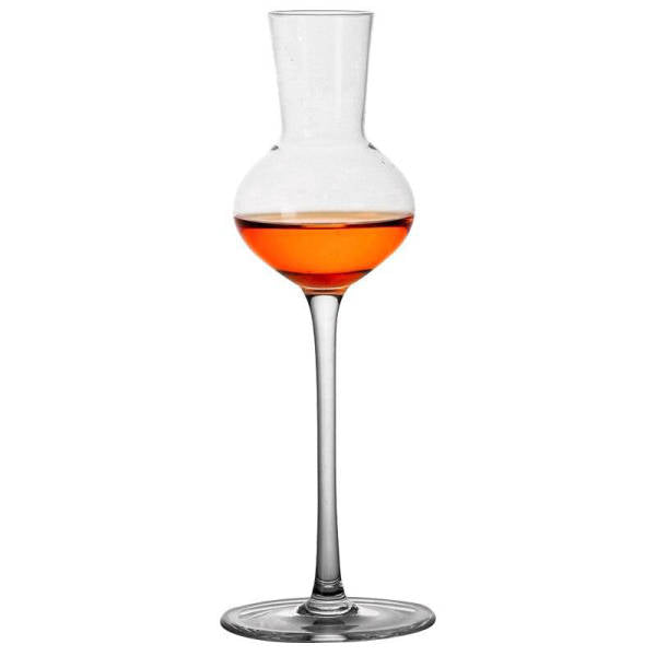 Verre à whisky de dégustation à long pied, bulbe de nosing avec whisky ambré